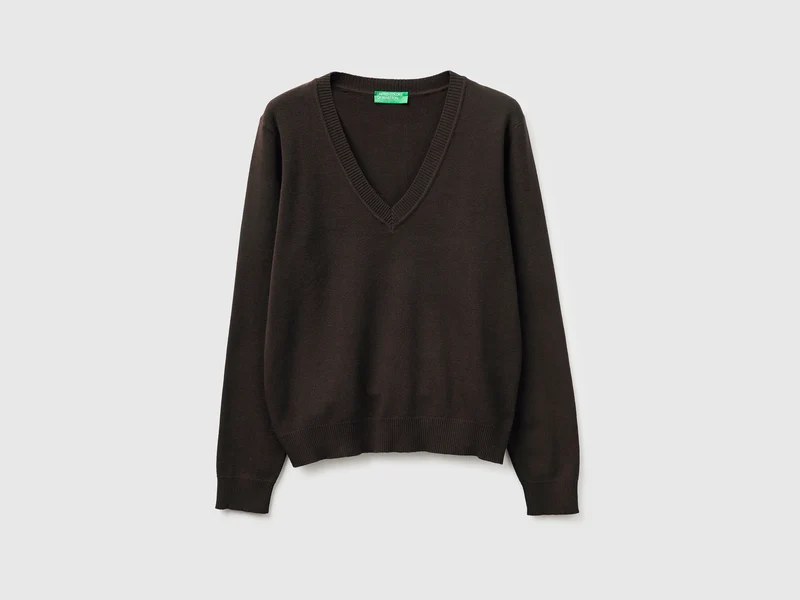 Maglia marrone in cotone tricot con scollo a V