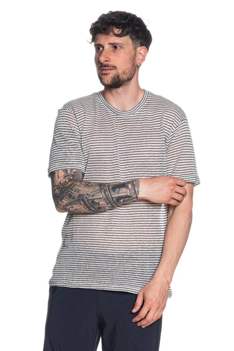 T Shirt In Maglia Altatensione Da Uomo Ecrù Righe Blu Marina