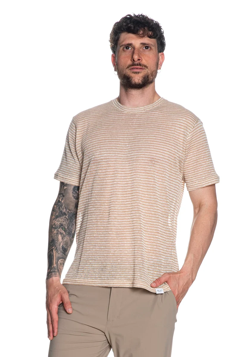 T Shirt In Maglia Altatensione Da Uomo Ecrù Righe Cammello