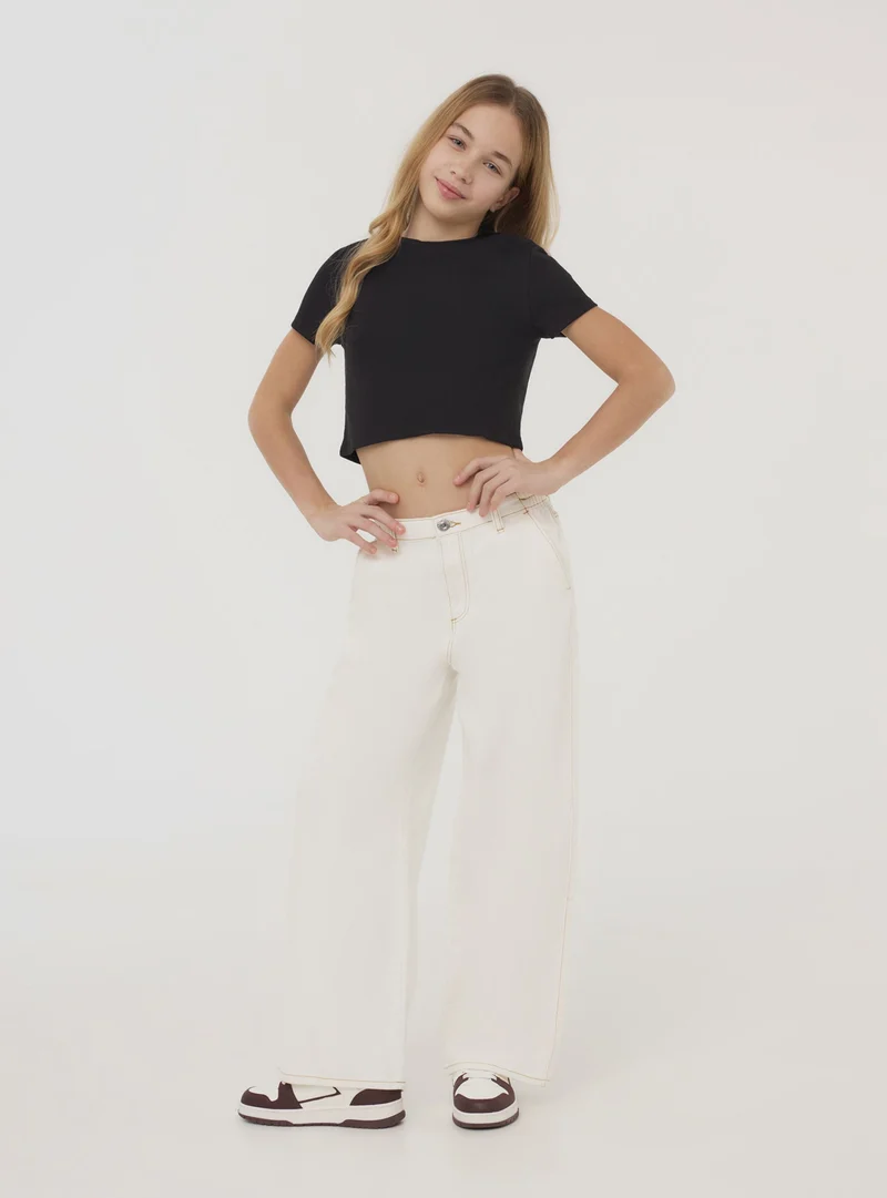 T-shirt crop a costine tinta unita