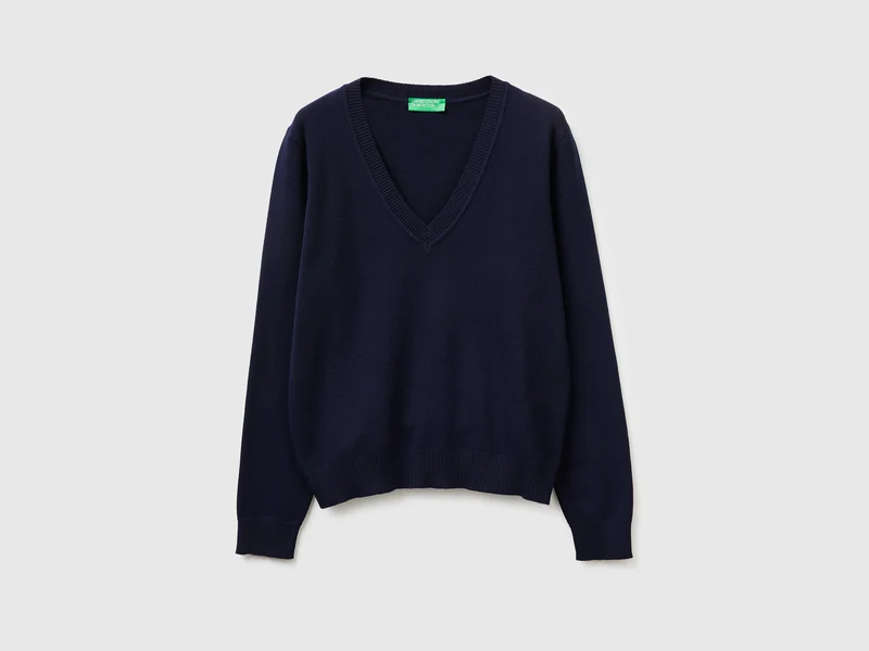 Maglia blu scuro in cotone tricot con scollo a V