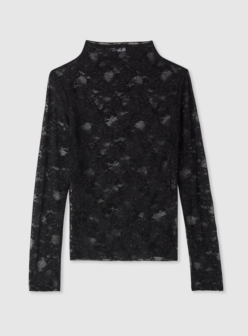 T-shirt in pizzo con collo a lupetto effetto luccicante