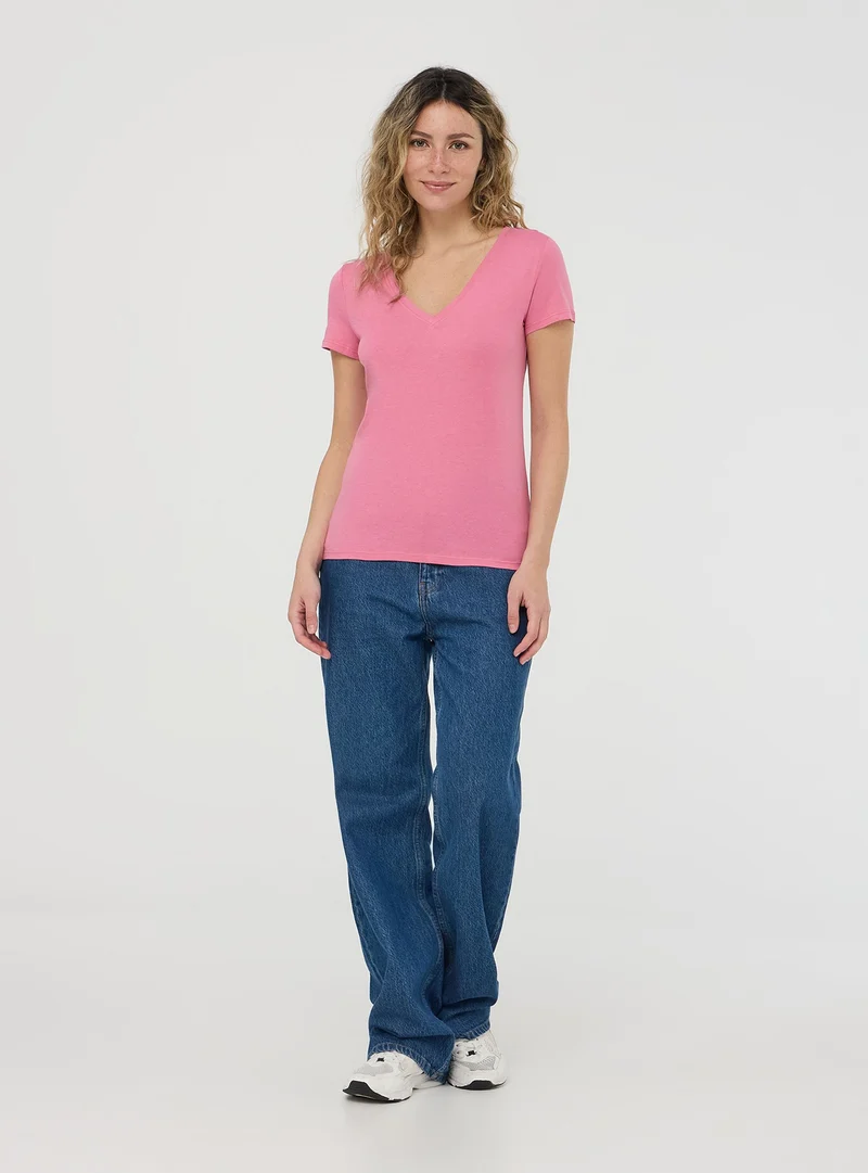 T-shirt scollo a v tinta unita