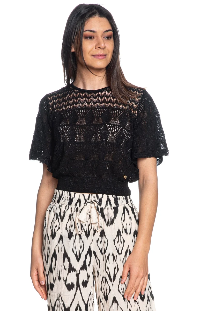 Maglia Yes Zee Butterfly Ss Knit Da Donna Nero Lurex Nero