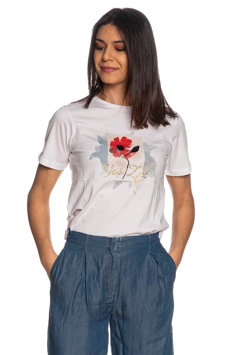 T Shirt Yes Zee One Flower Da Donna Bianca