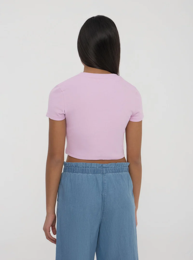 T-shirt crop a costine tinta unita