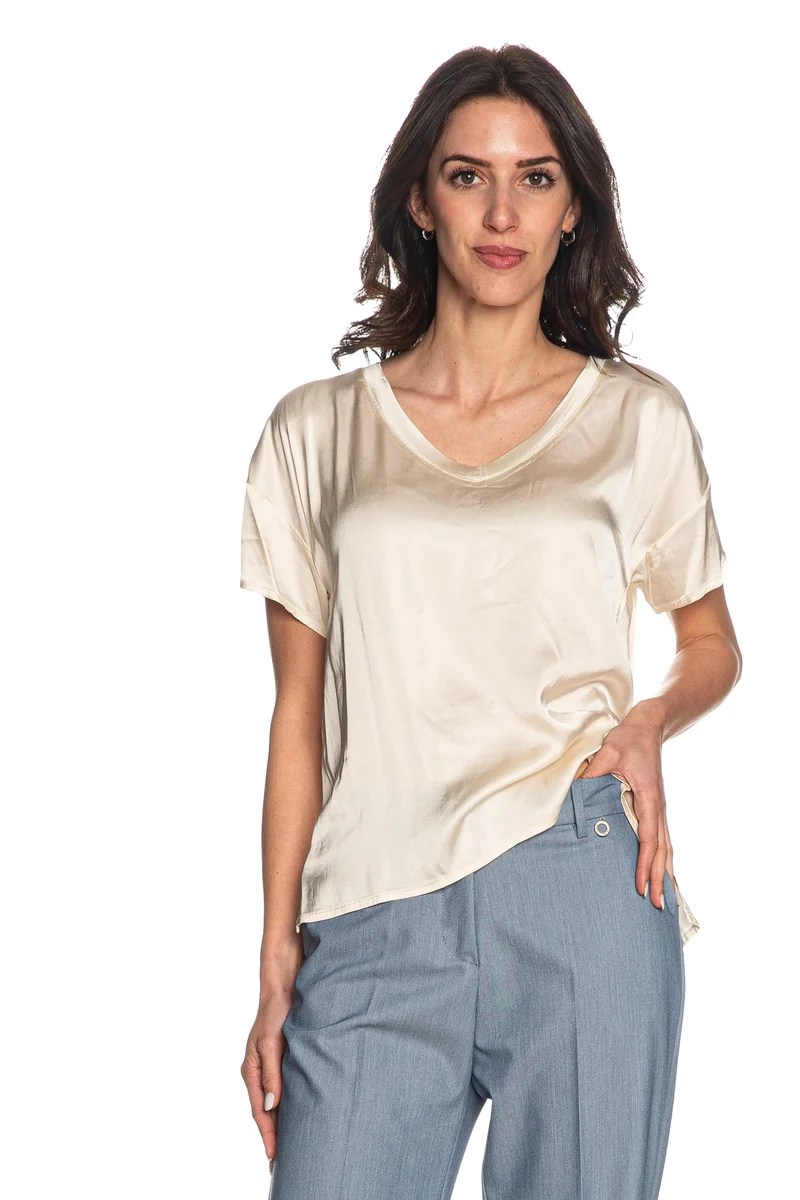 Blusa T Shirt Eco Satin Ss V Tee Da Donna Avorio