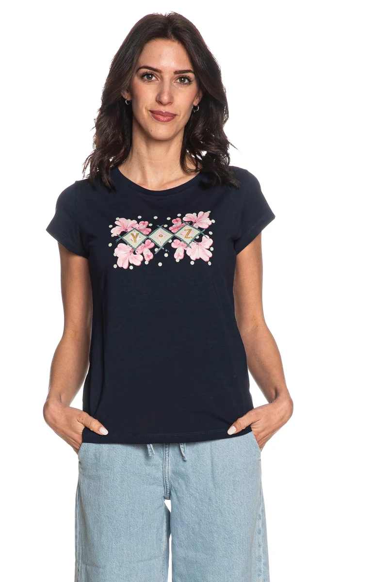 T Shirt Yes Zee Flower Pois Da Donna Blu Navy