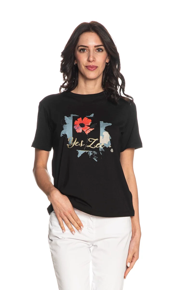 T Shirt Yes Zee One Flower Da Donna Nera