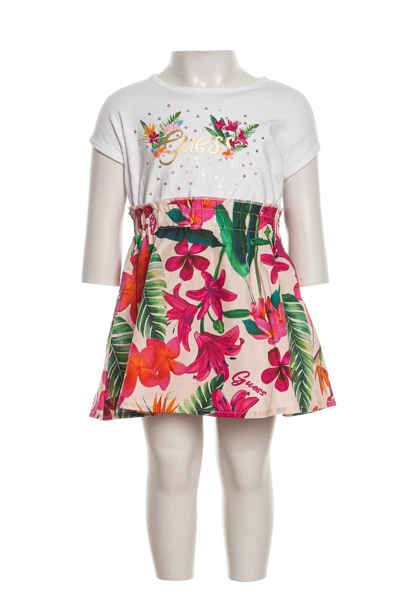 Abito Corto Guess Dress Mix Fabric Flower Da Bambina Bianco Fantasia Floreale Ciclamino Verde