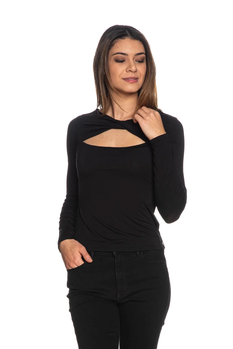 T Shirt Guess Ls Twisted Yoke Da Donna Nera