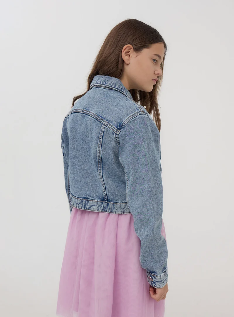 Giubbino in jeans con perle e strass