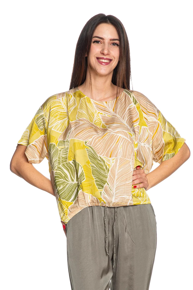T Shirt Blusa Deha Leaves Print Da Donna Fantasia Foglie Beige Verde