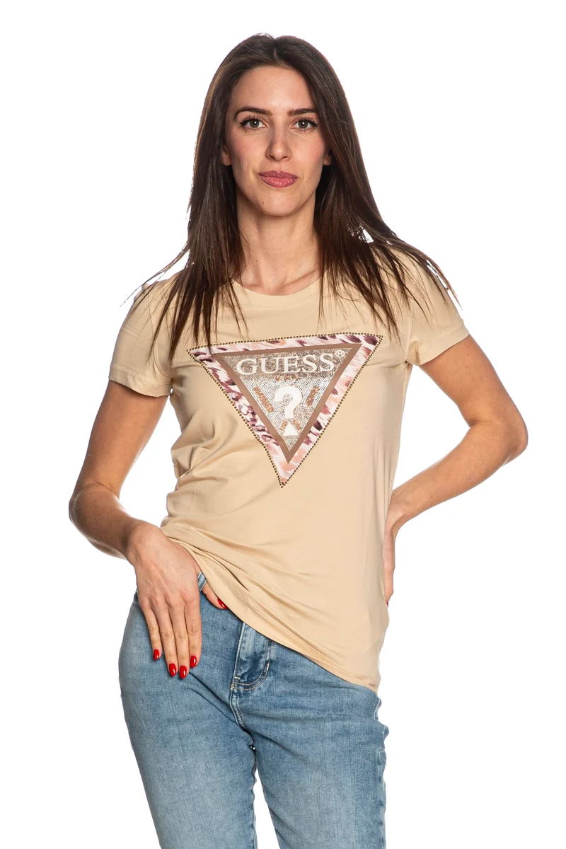 T Shirt Guess Cheeta Da Donna Mandorla