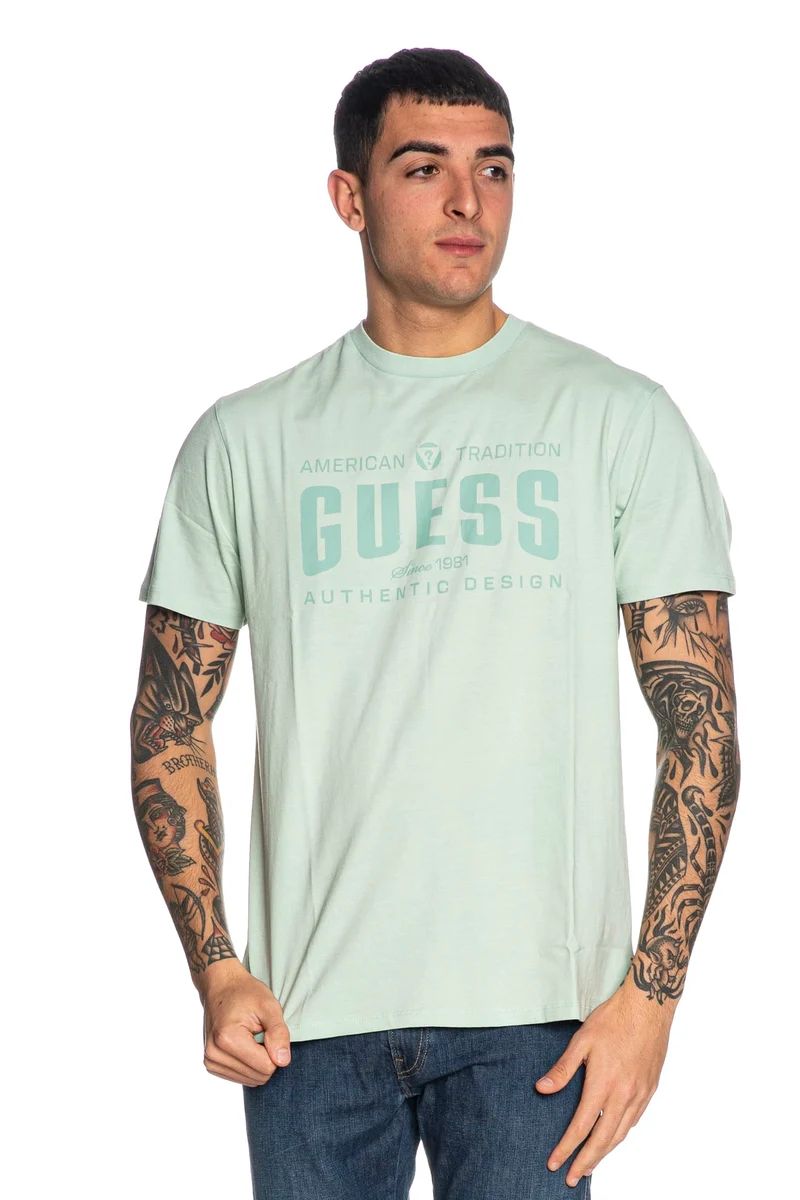 T Shirt Guess American Tradition Da Uomo Verde Acqua