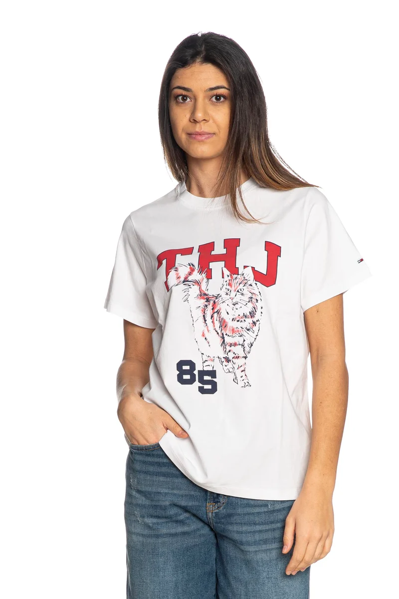 T Shirt Tommy Hilfiger Tjw Running Cat Graphic 1 Tee Da Donna Bianca