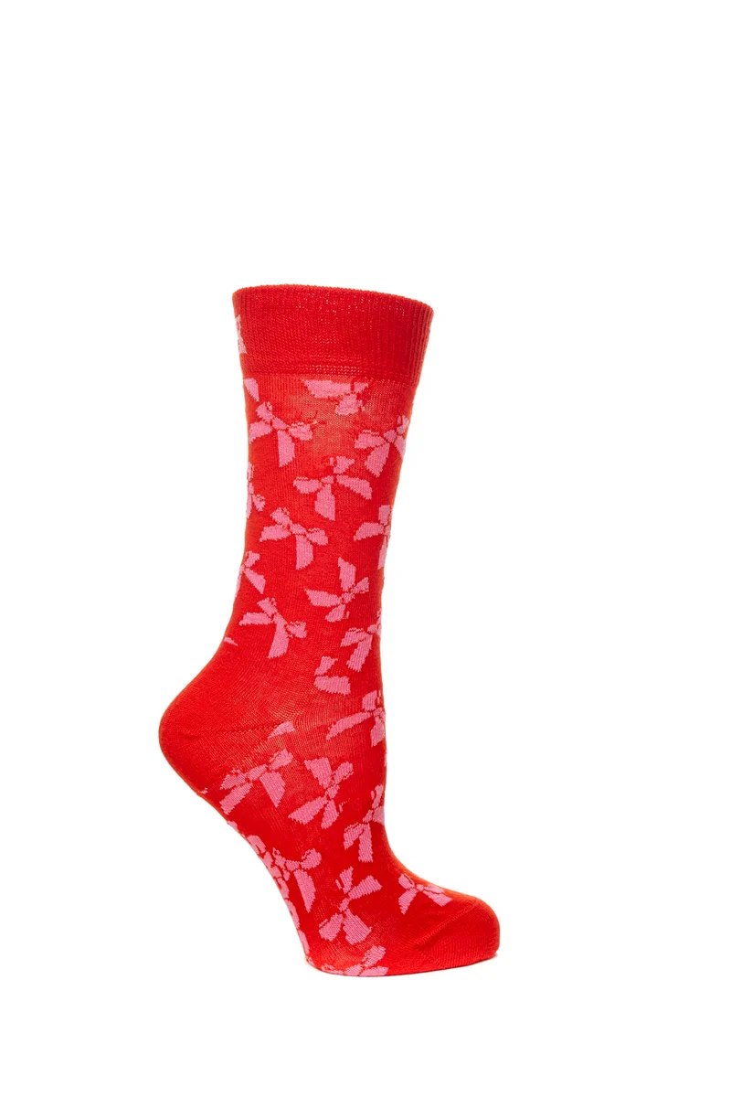 Calzino Corto Happy Socks Crew Bow Unisex Rosso Fantasia Fiocchi Rosa In Filato