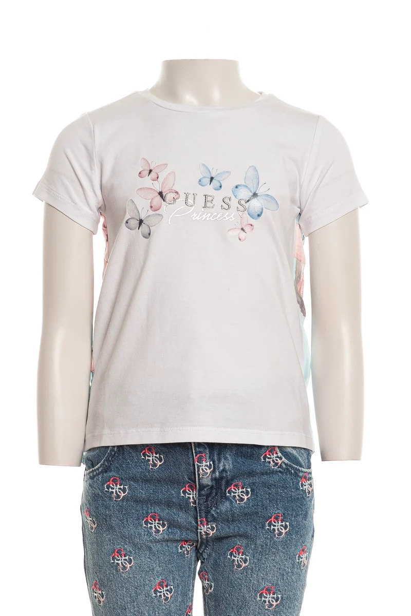 T Shirt Guess Flowers And Butterfly Back Da Bambina Bianca Stampa Fiori E Farfalle Celeste Acqua