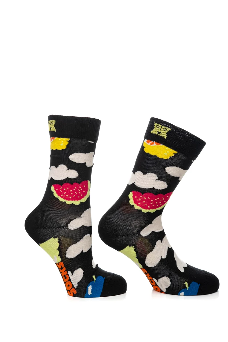 Calzino Corto Happy Socks Crew Cloudy Fruit Unisex Nero Fantasia Nuvole E Frutta Multicolor In Filato