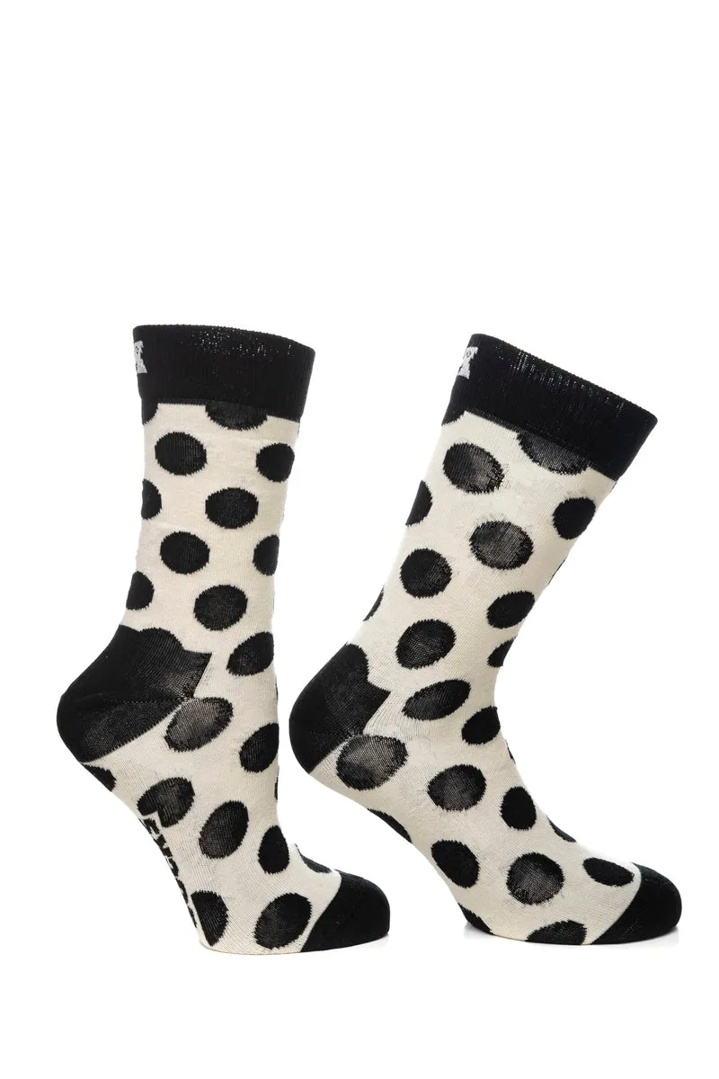 Calzino Corto Happy Socks Crew Big Dot Unisex Panna Fantasia Grossi Pois Nera In Filato