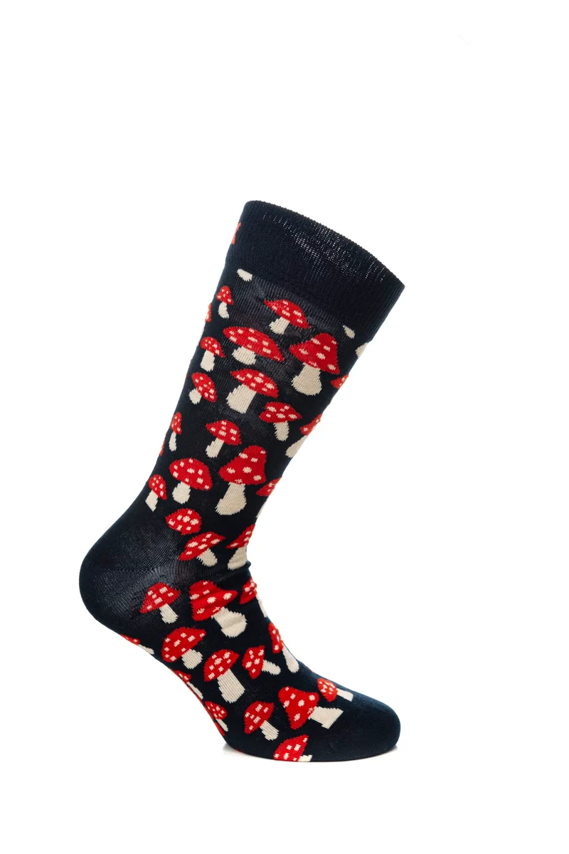 Calzino Corto Happy Socks Crew Mushroom Unisex Blu Notte Fantasia Funghi Rosso Panna In Filato