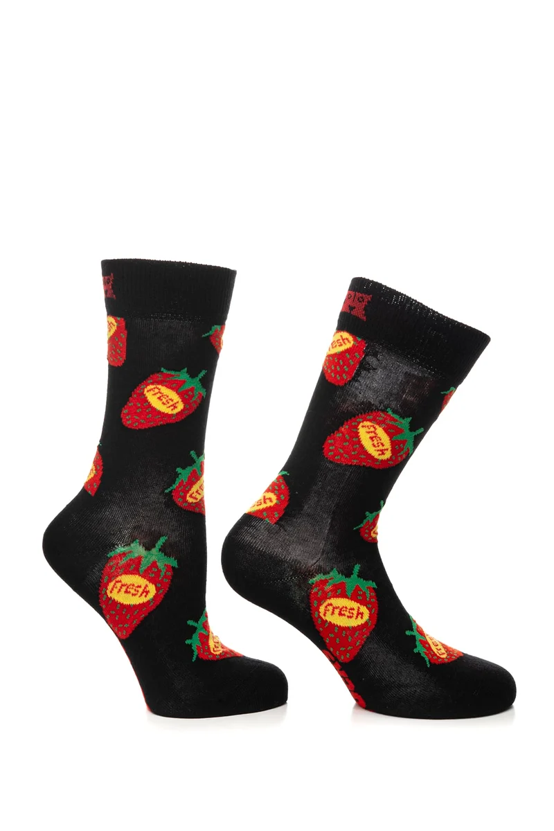 Calzino Corto Happy Socks Crew Strawberry Fresh Unisex Nero Fantasia Fragole Rosso Gialla In Filato