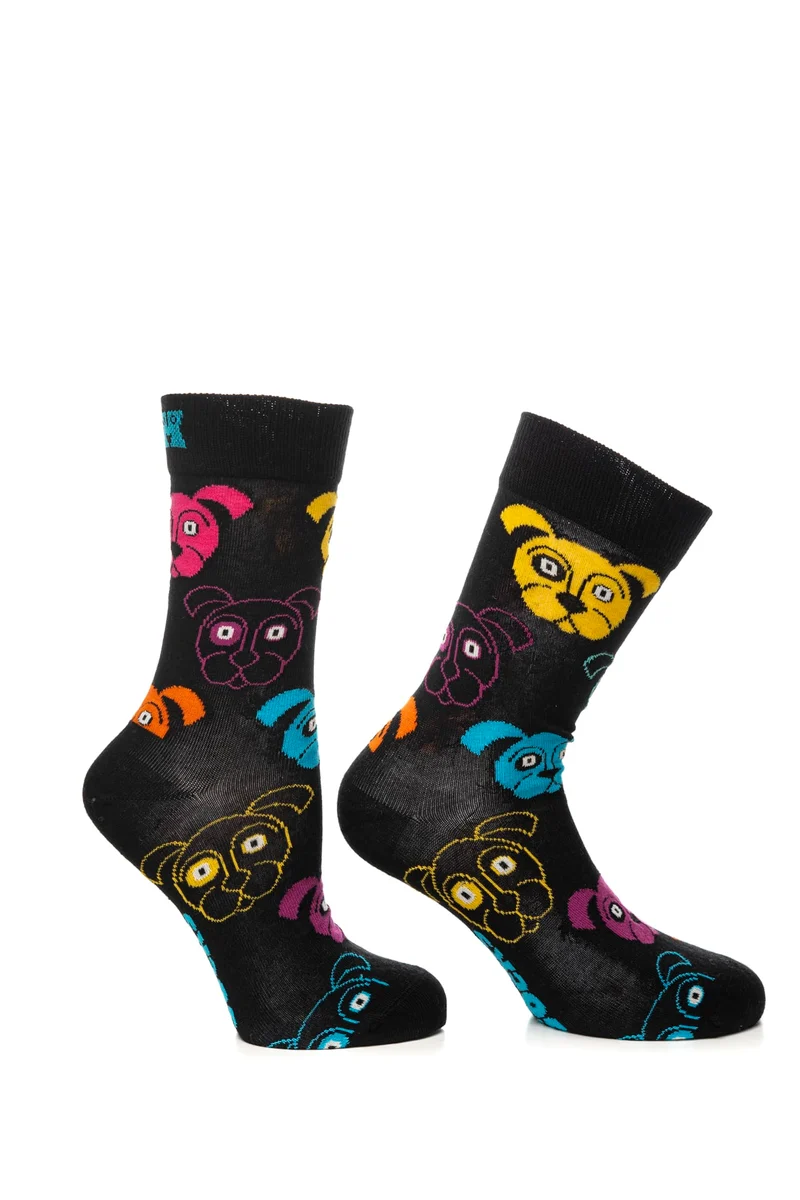 Calzino Corto Happy Socks Crew Dog Unisex Nero Fantasia Cagnolini Multicolor In Filato