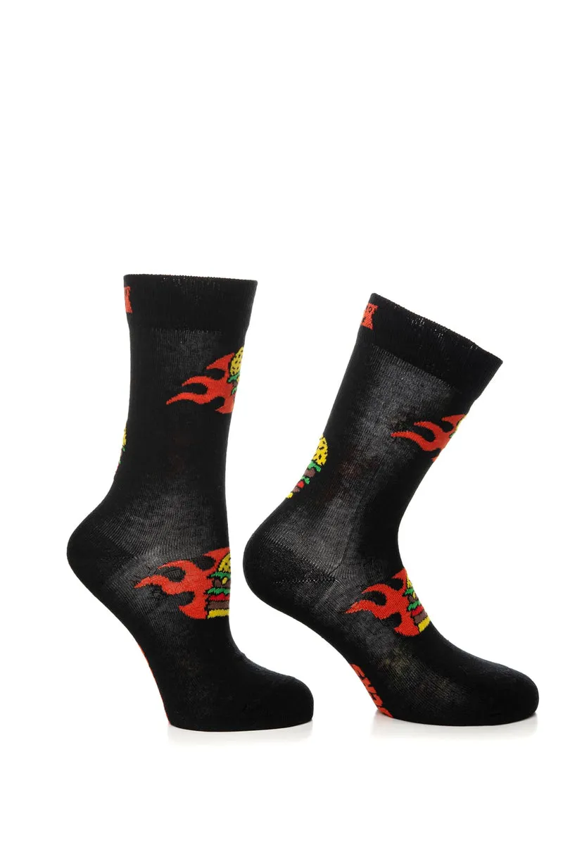 Calzino Corto Happy Socks Crew Flaming Burger Unisex Nero Fantasia Panini Multicolor In Filato