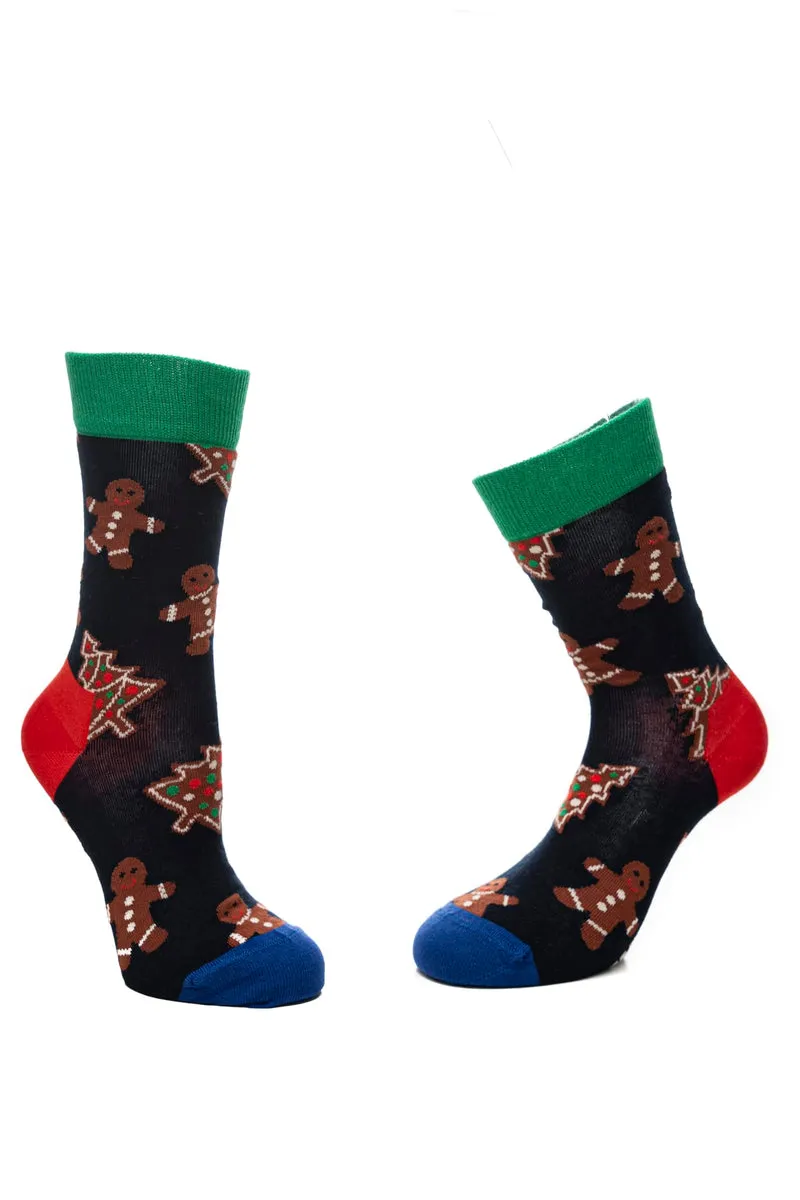 Calzino Corto Happy Socks Gingerbread Happy Holidays Unisex Blu Fantasia Cookie E Alberi Di Natale In Filato