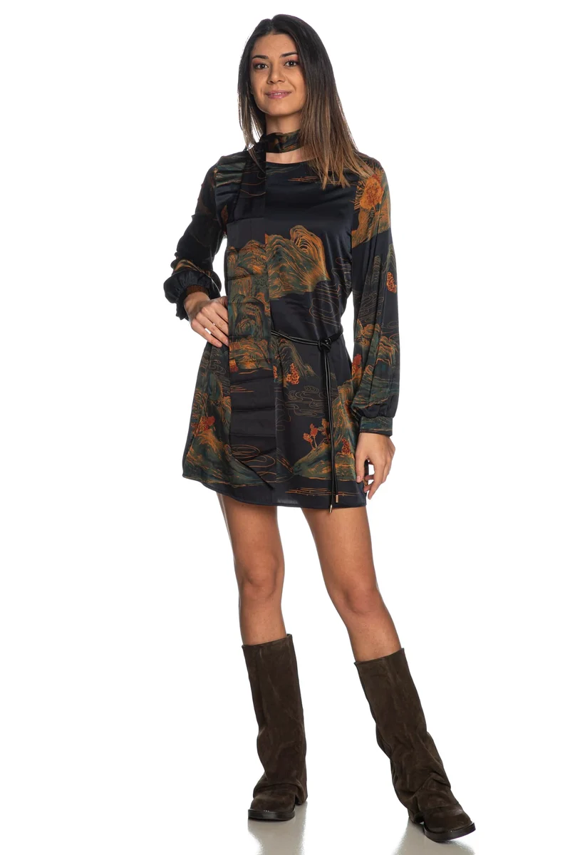 Abito Corto Anonyme Landscape Da Donna Fantasia Orientale Dark Blu Verde Foresta Ocra