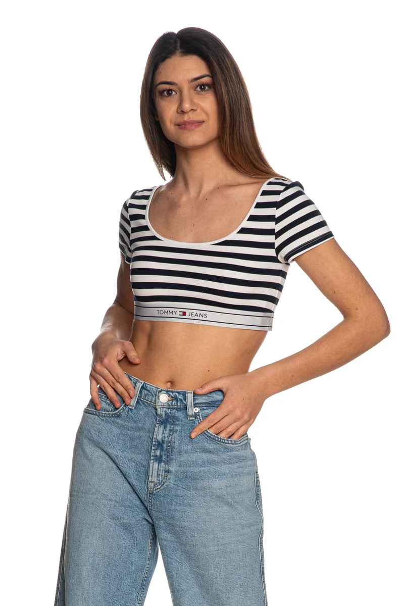 Top Tommy Hilfiger Tjw Ultra Cpr Taping Tee Da Donna Righe Bianco Nere