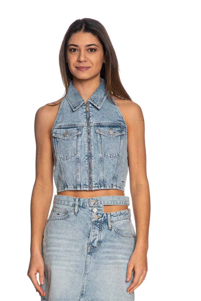 Top Jeans Tommy Hilfiger Halterneck Da Donna Denim Light Blu