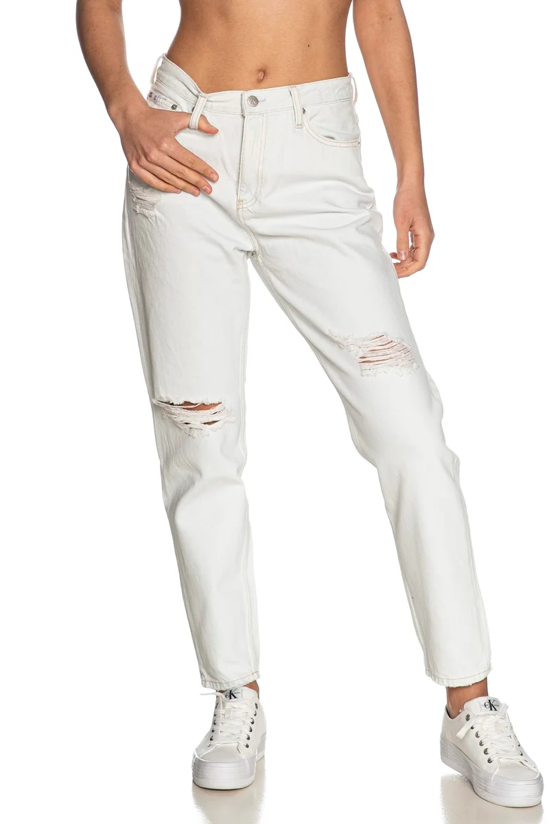 Jeans Calvin Klein Fabric Tears White Da Donna Denim Bianco