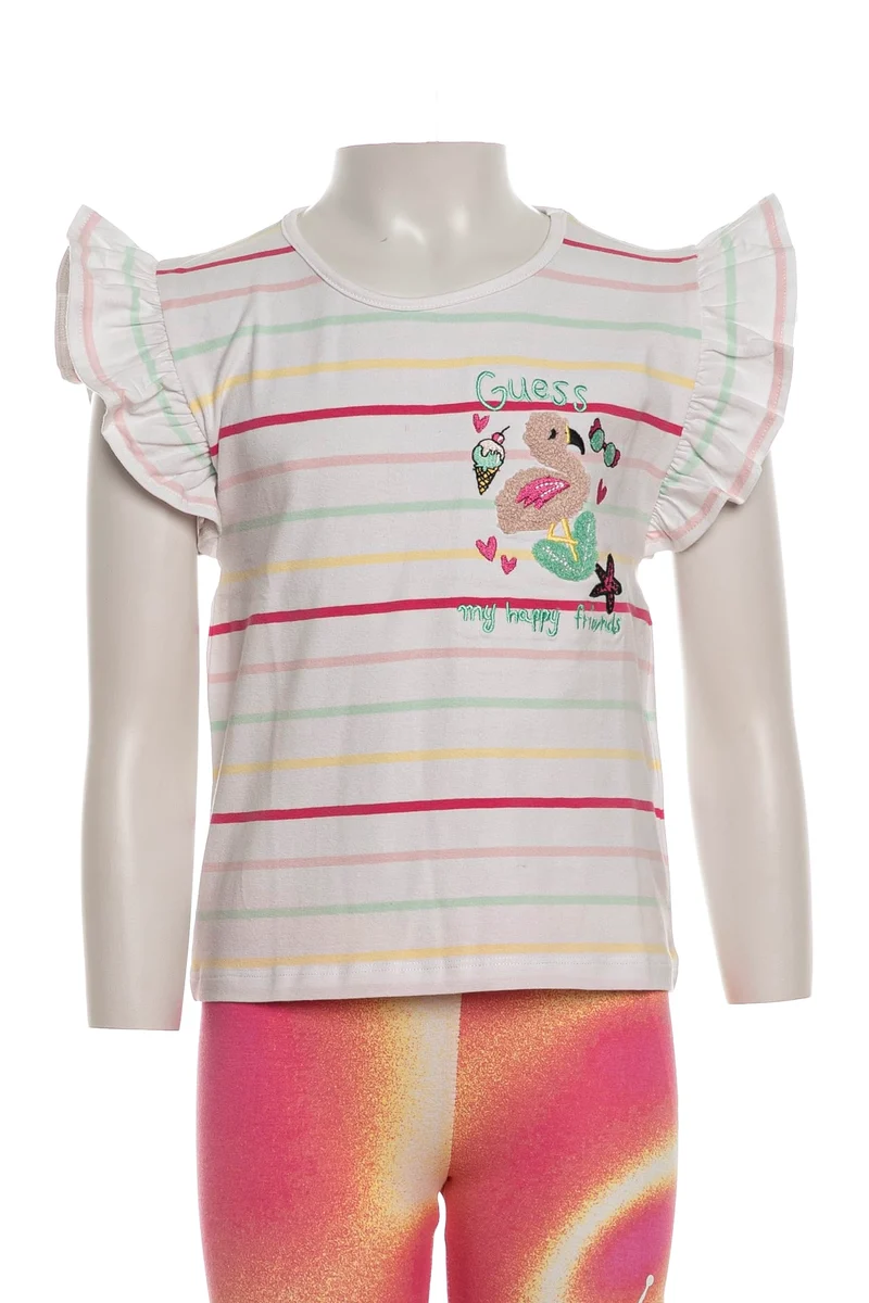 T Shirt Guess Ss My Happy Friends Da Bambina Bianca Righe Fuxia Giallo Verde Acqua