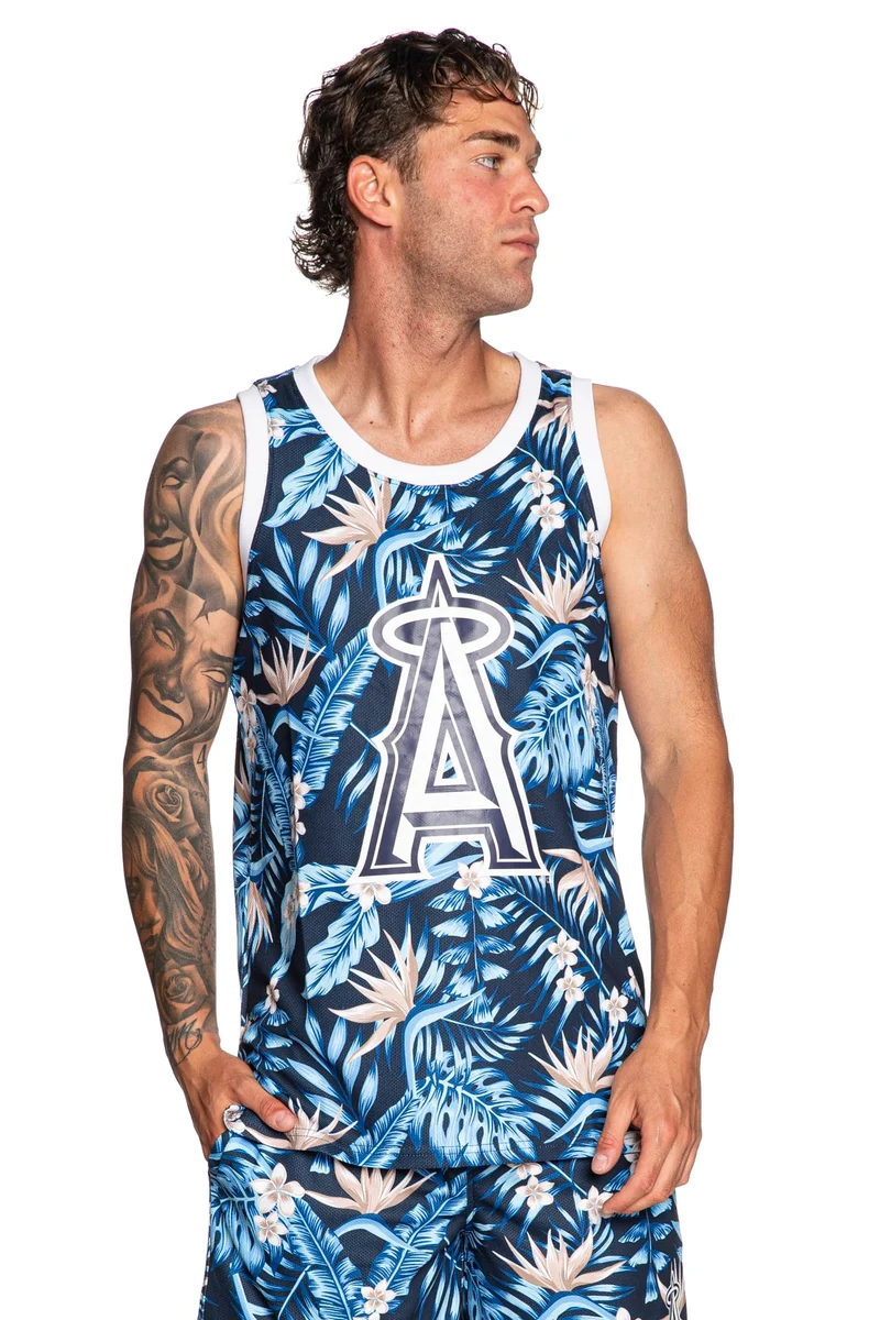 Canotta 47 New City Tank La Da Uomo Stampa Floreale Blu Azzurro Beige