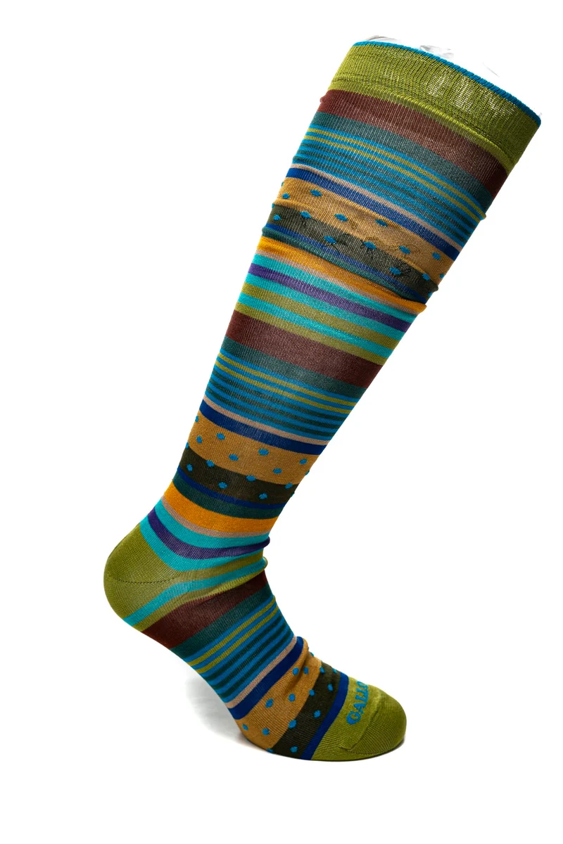 Calzino Lungo Gallo Long Striped Dots Sock Da Uomo Righe E Pois Verde Erba Cioccolato In Filato