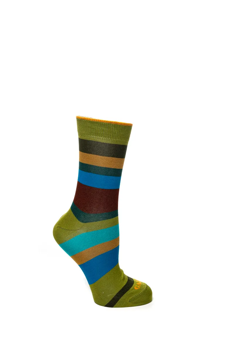 Calzino Corto Gallo Short Striped Sock Da Donna Righe Verde Erba Cioccolato In Filato