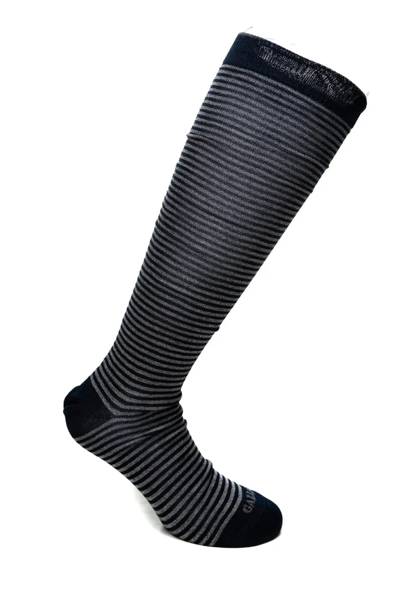 Calzino Lungo Gallo Long Striped Windsor Sock Righe Blu Marina Grigio Melange In Filato