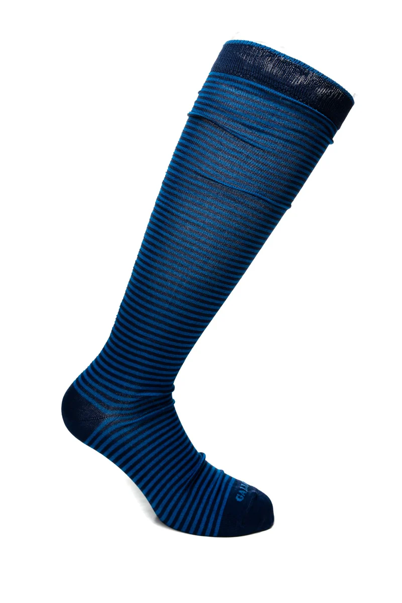 Calzino Lungo Gallo Long Striped Windsor Sock Da Uomo Righe Royal Blu Navy In Filato