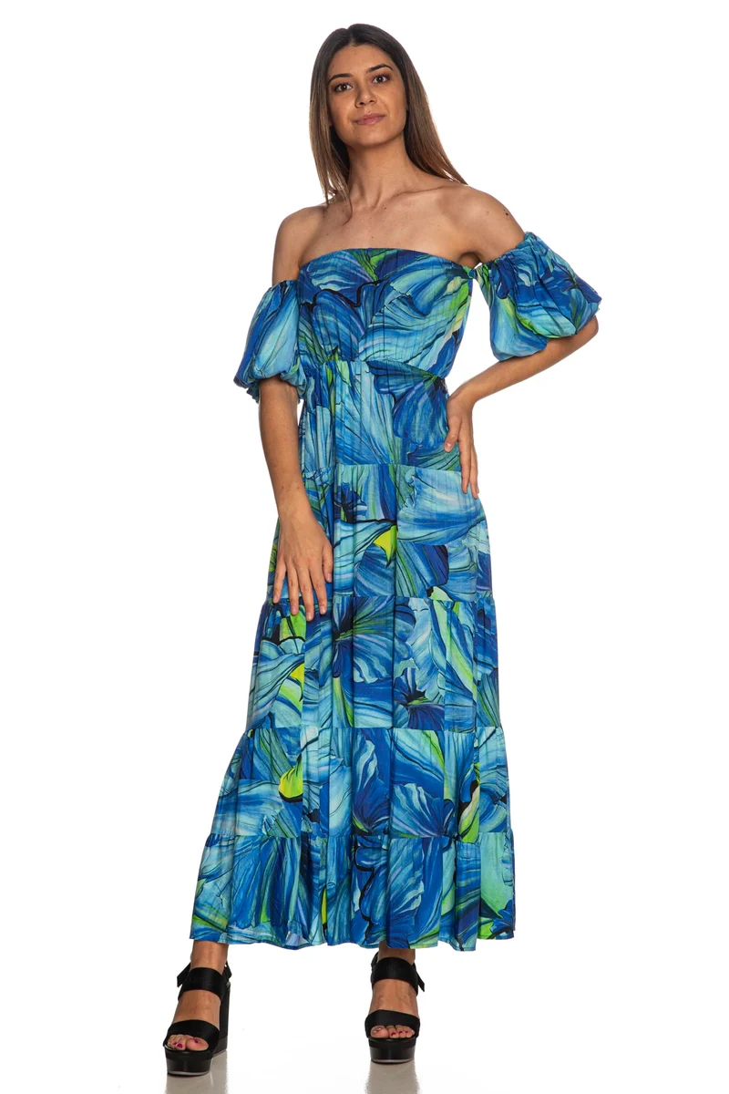 Abito Lungo Yes Zee Tropical Print Dress Da Donna Fantasia Tropicale Royal Verde Acido Cielo