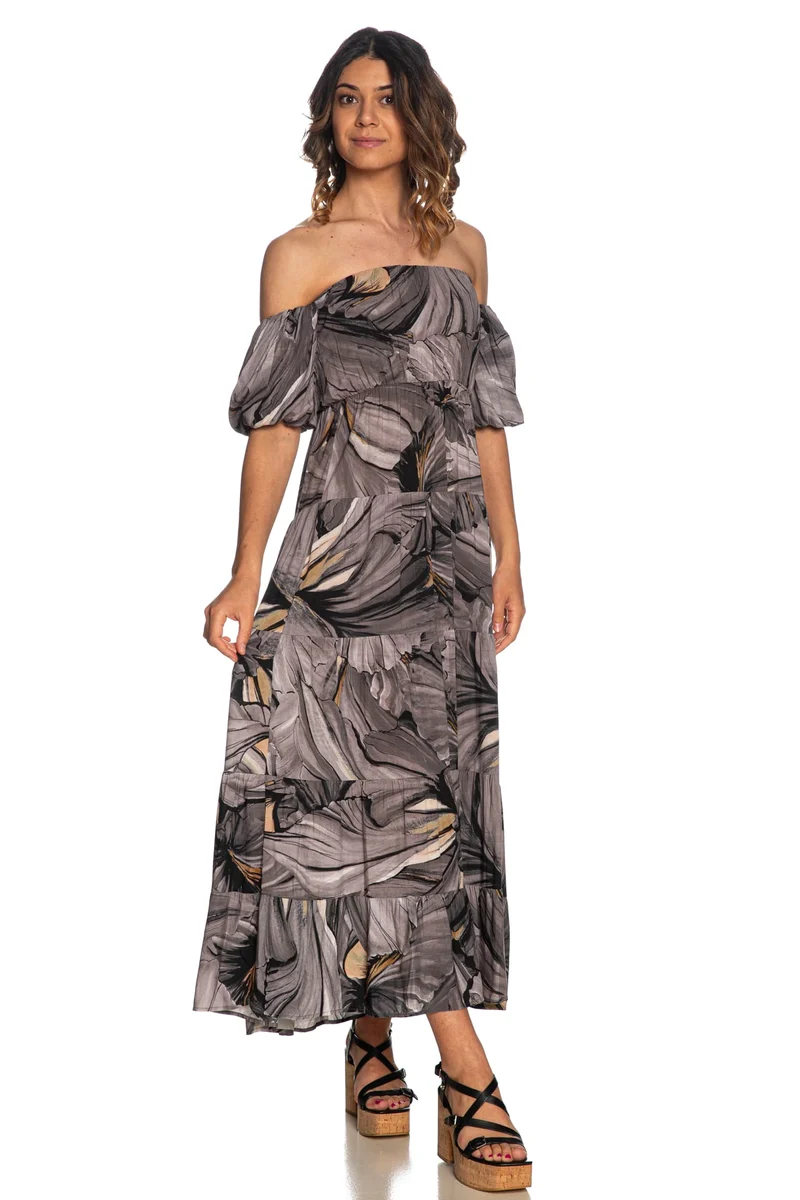 Abito Lungo Yes Zee Tropical Print Dress Da Donna Fantasia Tropicale Grigio Fumo Sabbia