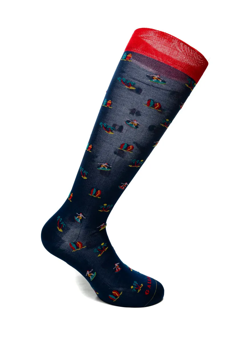 Calzino Lungo Gallo Long Surf Sock Da Uomo Blu Navy Fantasia Surfista Multicolor In Filato