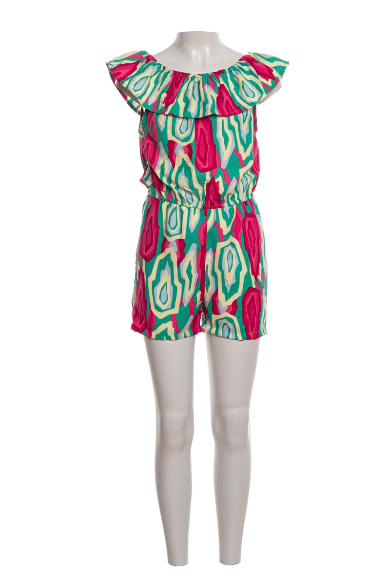 Tuta Intera Corta Kids Only Lino Da Bambina Fantasia Astratta Verde Fuxia Giallo Pallido