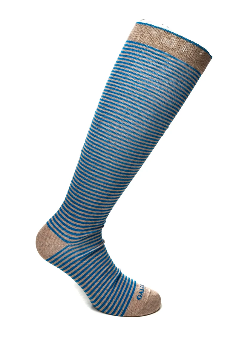 Calzino Lungo Gallo Long Striped Windsor Sock Da Uomo Righe Tortora Azzurro In Filato