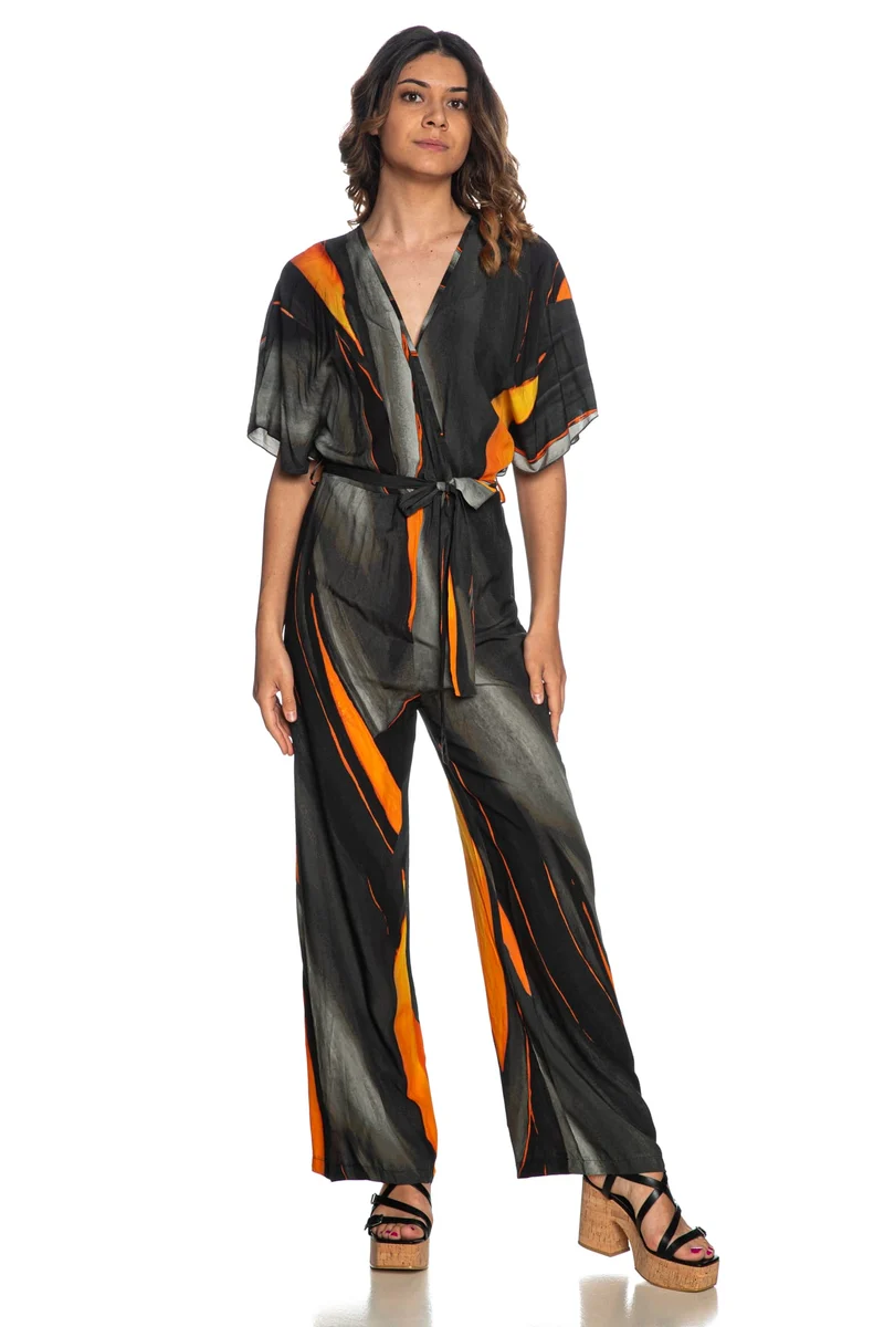 Tuta Intera Lungo Yes Zee Butterfly Ss Da Donna Fantasia Nero Arancio Fumo