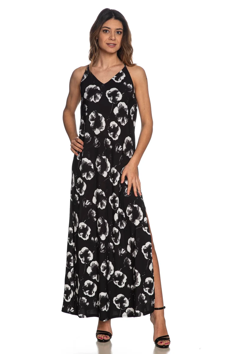 Abito Lungo Yes Zee Cross Back Da Donna Nero Fantasia Floreale Bianco Grigio