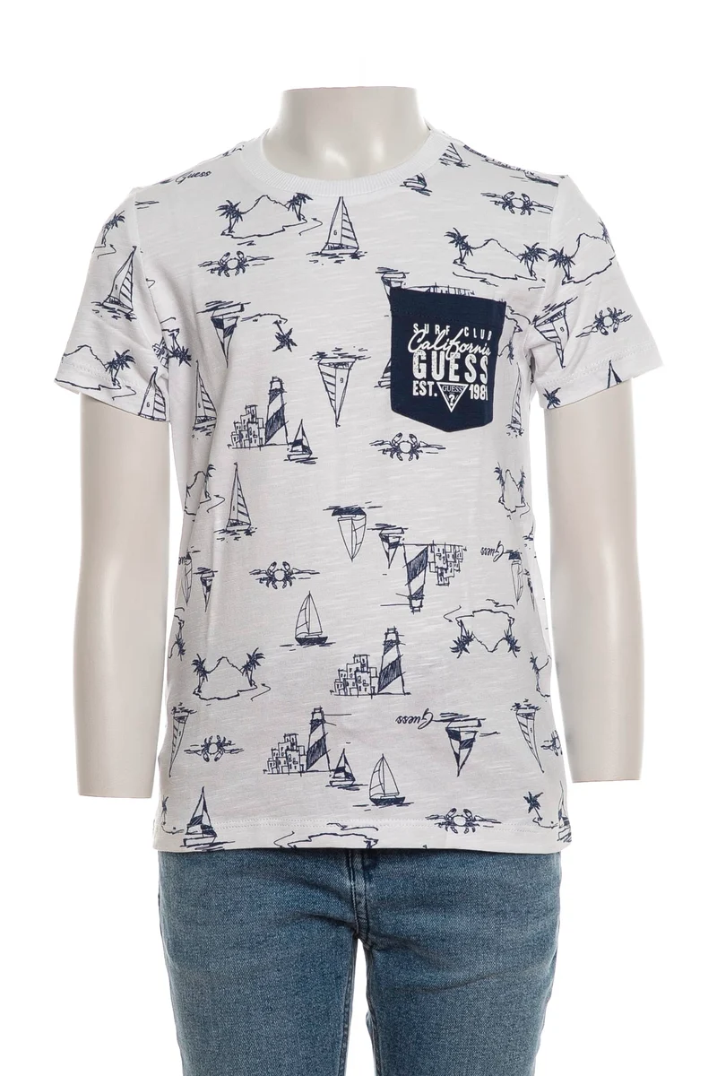 T Shirt Guess Slub Ss Sea Print Da Bambino Bianca Stampa Marittima Blu Navy