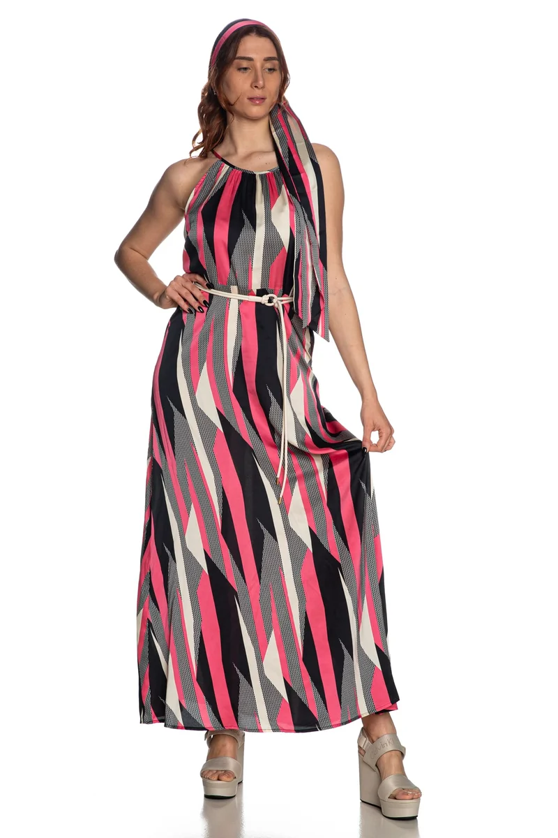 Abito Lungo Anonyme Demi Long Da Donna Fantasia Geometrica Fuxia Nero Avorio