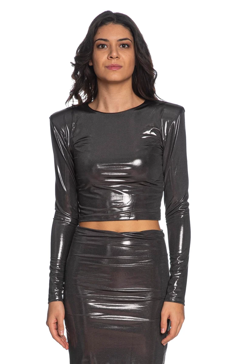T Shirt Effek Top Crew Neck Da Donna Metallizzata Silver