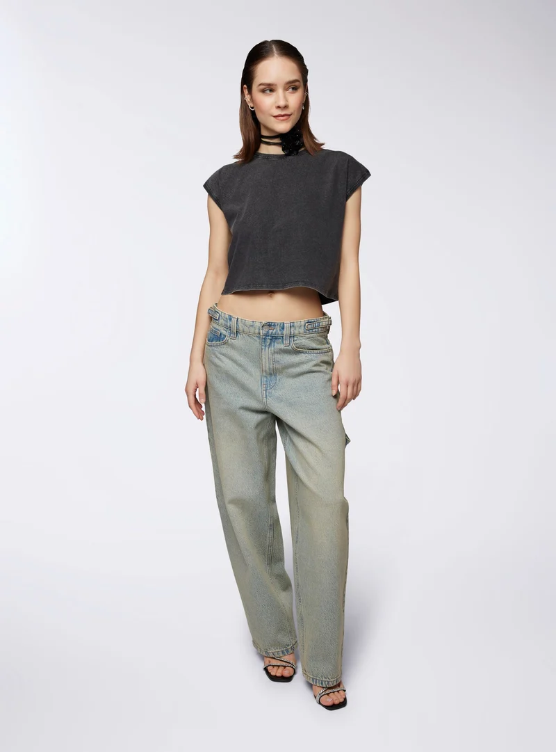 T-shirt crop maniche ad aletta garment-dyed